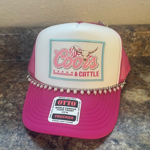 OTTO Hot Pink Trucker Hat w/ Pearl & Rhinestone Trim - Picture 3 of 7